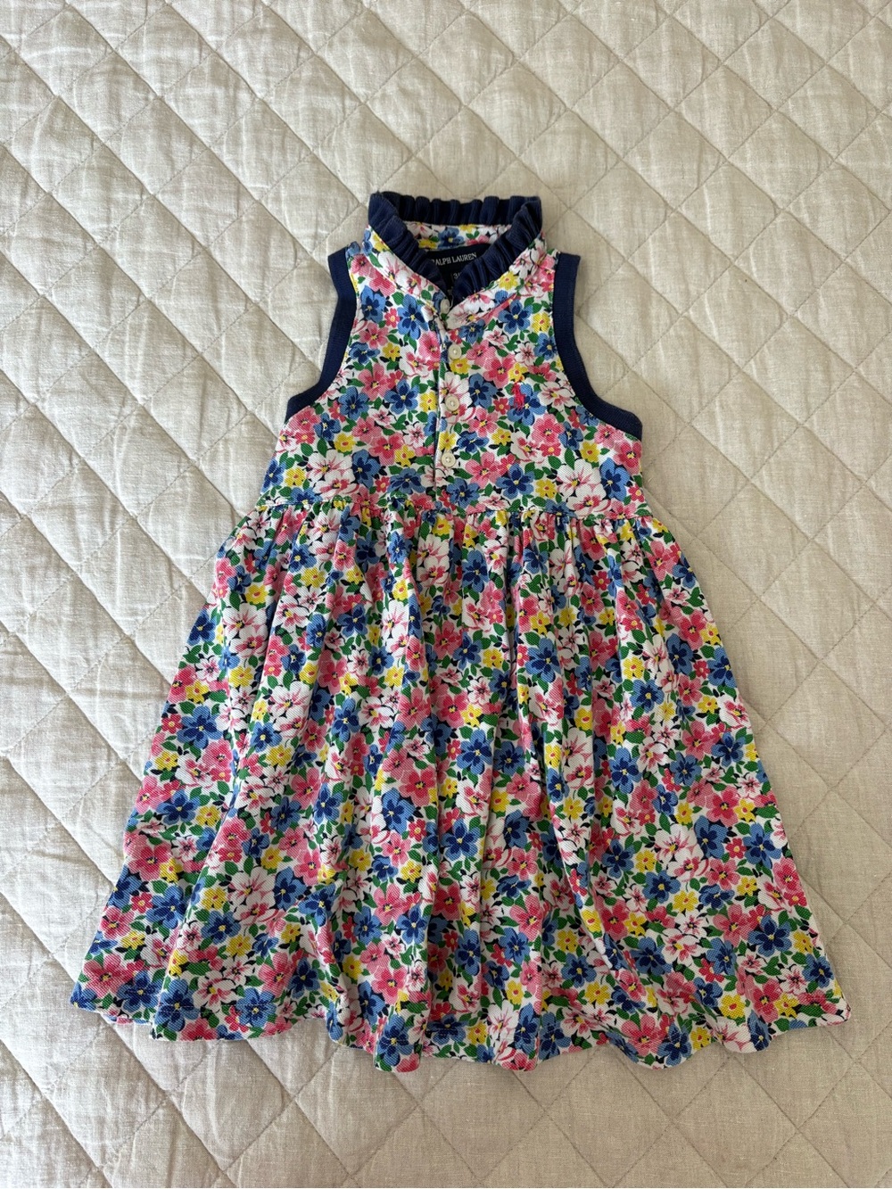 Ralph Lauren Multicolor Floral Sleeveless Dress with Navy Trim